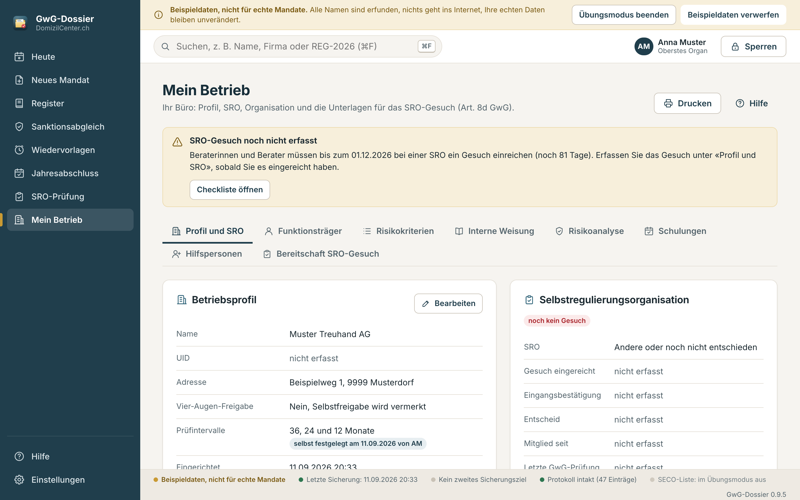Seite «Mein Betrieb» mit Betriebsprofil, Stand bei der SRO und Hinweis zur Frist für das SRO-Gesuch