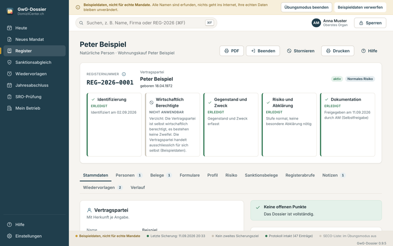 Dossier mit Registernummer REG-2026-0001 und dem Stand von Identifizierung, wirtschaftlich Berechtigten, Zweck, Risiko und Dokumentation